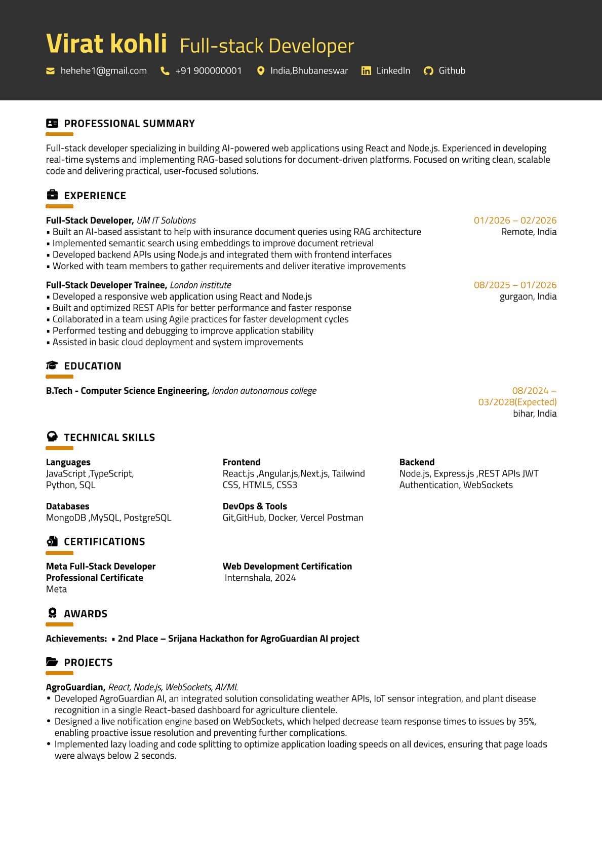 ATS resume builder template preview — Gold Banner — Single Column