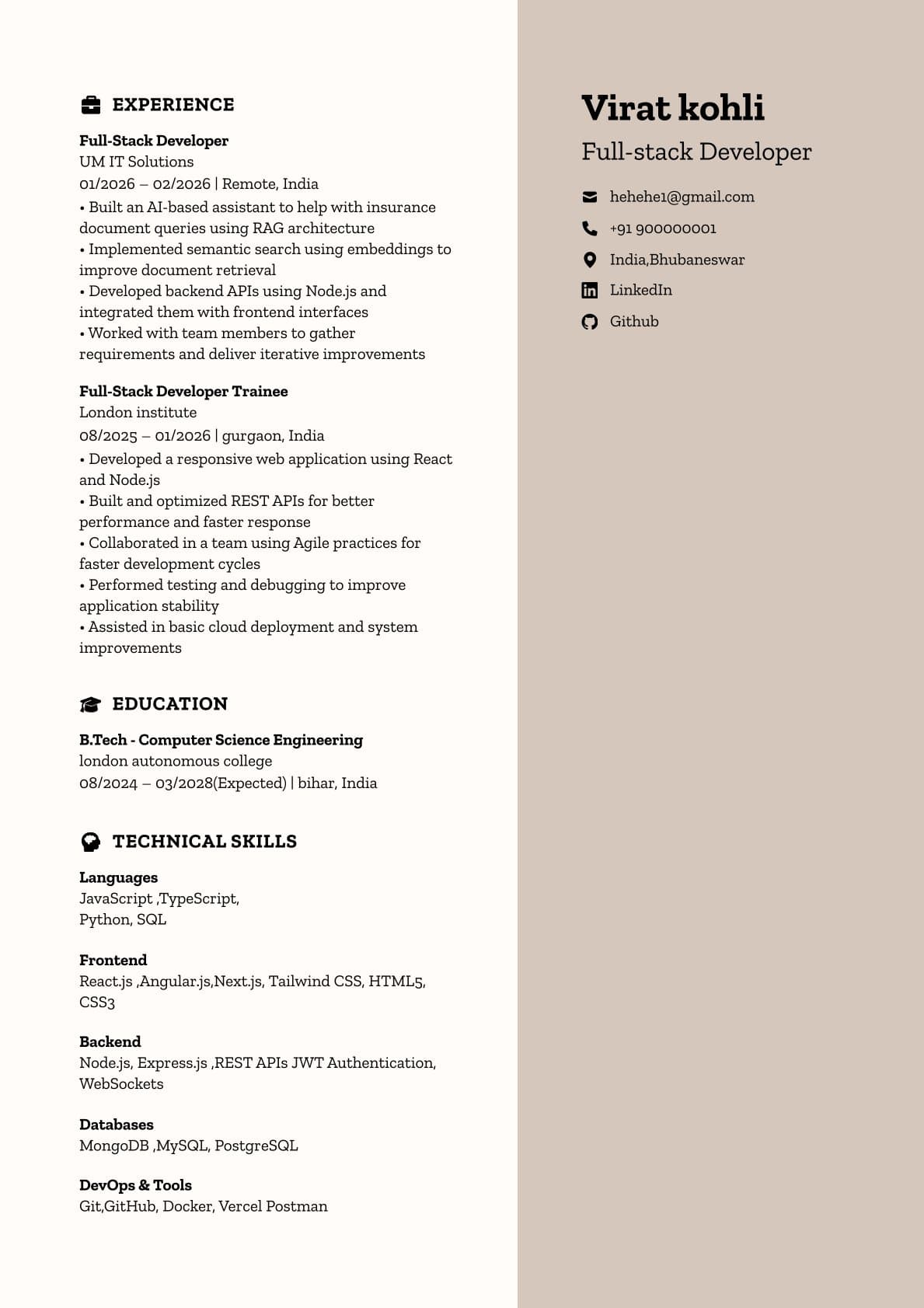 Warm Beige — Two-Column — ATS-friendly resume template preview