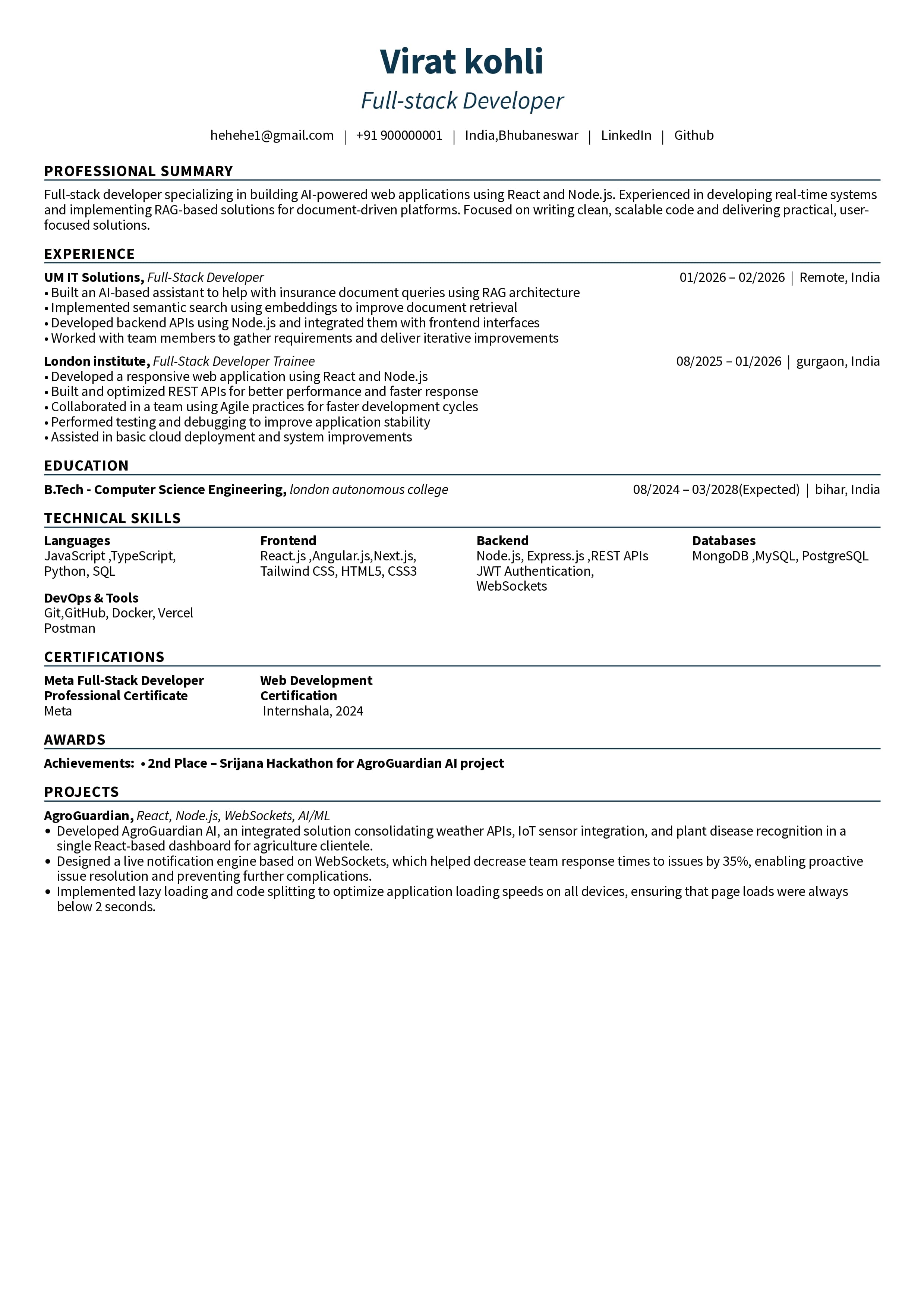 ATS resume builder template preview — Clean Professional — Minimalist